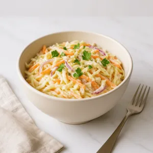 Valmis Coleslaw Resepti – raikas ja kermainen kaalisalaatti, jossa hienoksi suikaloitu kaali, porkkana ja punasipuli on sekoitettu majoneesi- ja jogurttikastikkeeseen, tarjoiltuna kauniisti kulhossa.